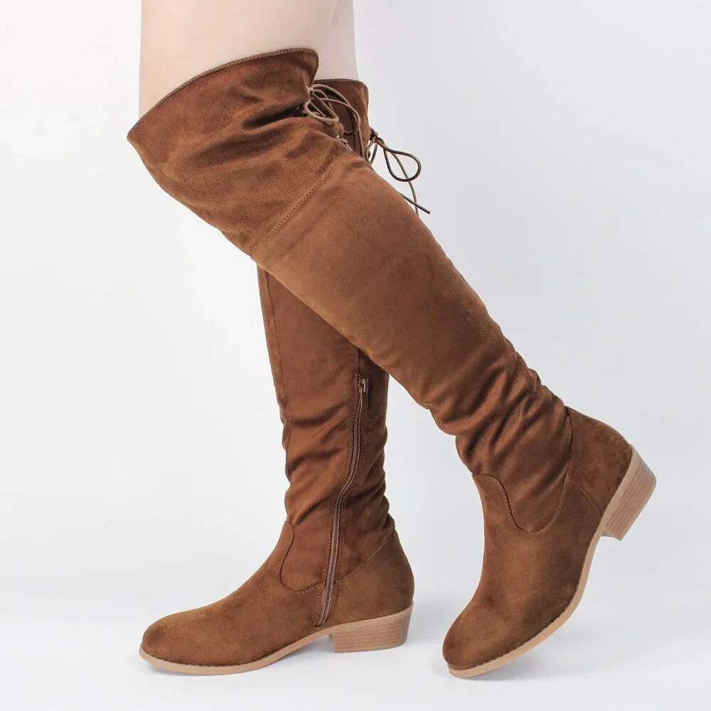 Women's Brown Faux Suede Thigh High Over The Knee Black Low Flat Heel Boots